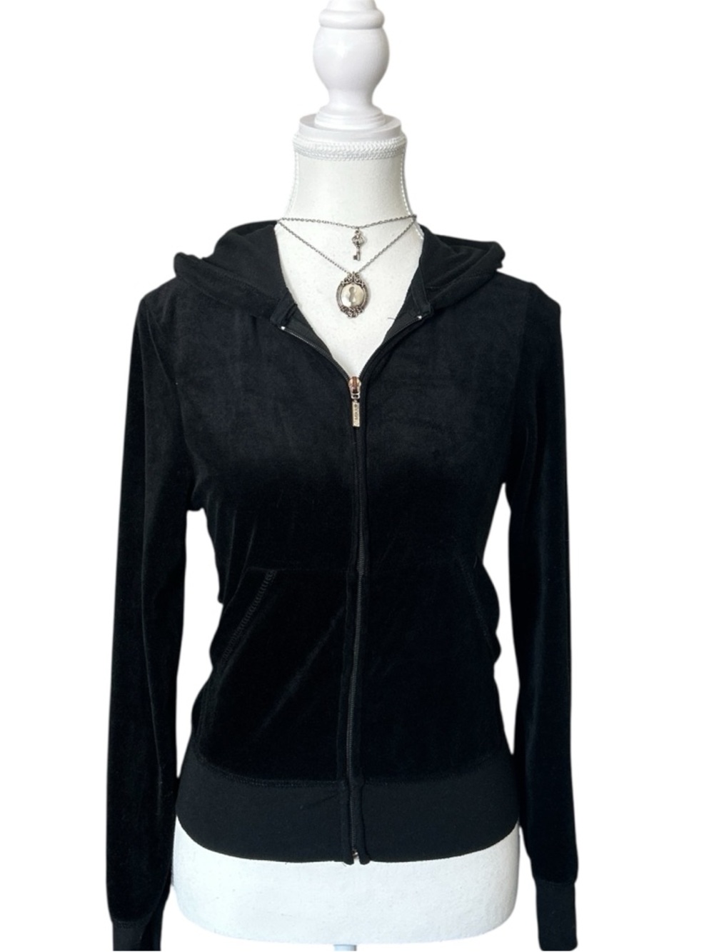 Y2K “MIKK” Basic Black Velour Style Zip-up Hoodie